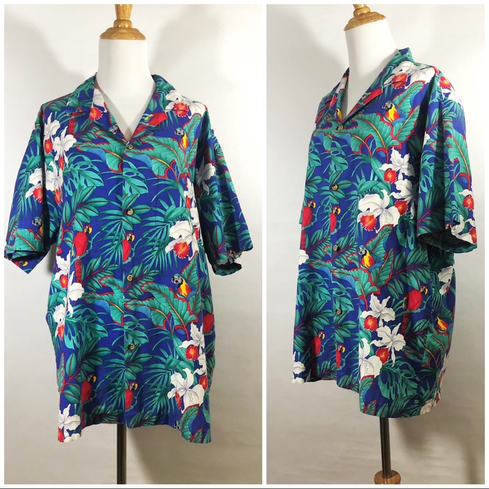Bright Blue Tropical Button Up Blouse with Macaws
